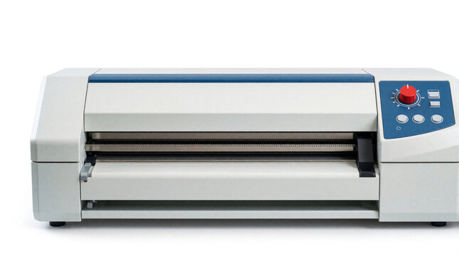 Pro laminator machine for office document protection. Electric thermal laminating device isolated on white background. Modern equipment for coating paper with plastic film. Desktop tool used in