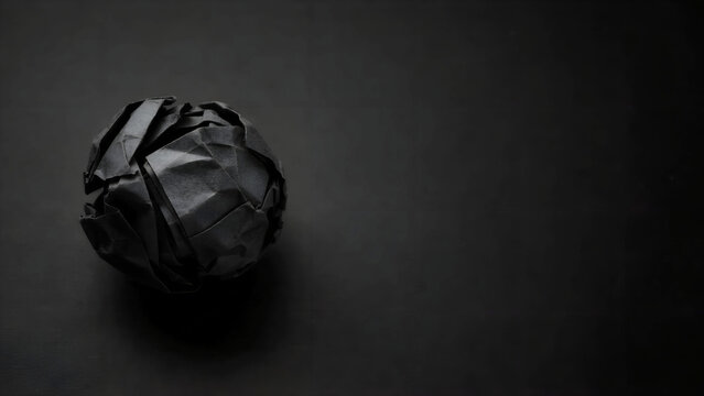 Crumpled black paper ball on dark background with copy space, Wrinkled black paper wad resting on matte black surface, Minimalist crushed paper sphere symbolizing creative block and ideas