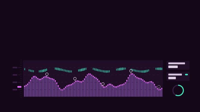 Seamless 4K looping technology animation: echo sounder scan columns with depth marks. Flat vector interface with grid, rings, readout cards and blank text placeholders in purple and violet on a dark b