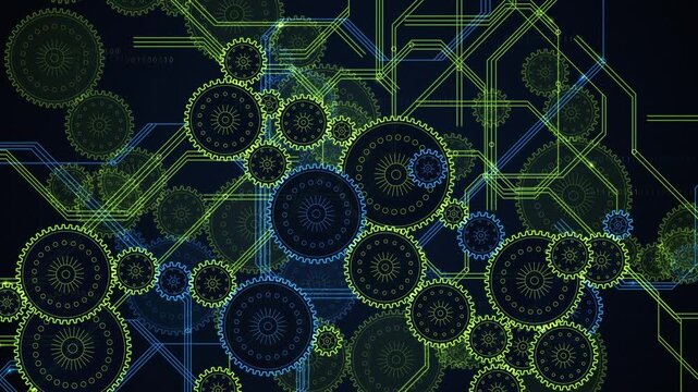 Abstract digital technology background with glowing gears and circuit boards