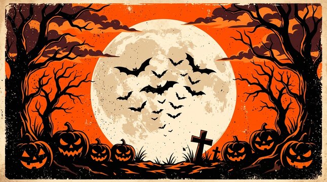 Halloween vector illustration banner with spooky pumpkins, bats and full moon background