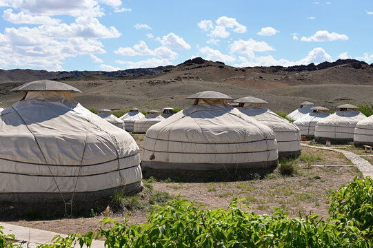 Scenic view of yurt camp in Mongolian steppe