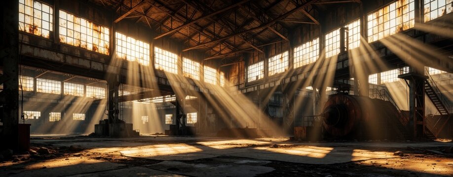 Sunlight beams stream through windows of abandoned industrial warehouse. Old factory interior with rusty metal structures, large empty hall. Dust motes dance in golden light rays inside derelict