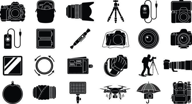 Comprehensive collection of black silhouette icons depicting various photography equipment accessories and professional gear items for creative projects