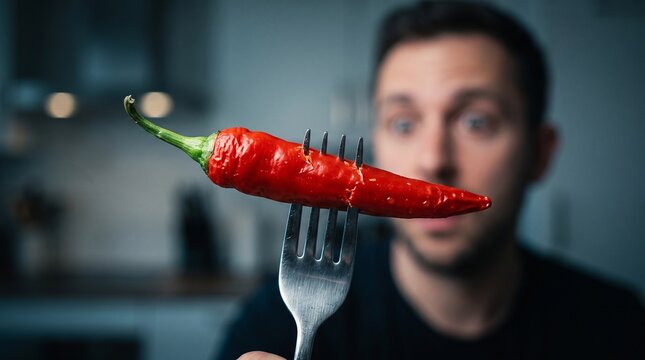 Fiery Bite Awaits: A man holds a fork with a red chili pepper impaled on it, his eyes wide with anticipation, ready to taste the heat.