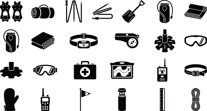 Vector graphic set of black camping and hiking equipment icons featuring various essential outdoor survival gear silhouettes