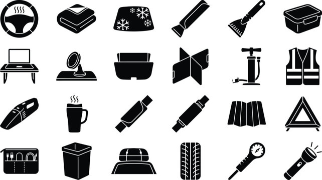 Comprehensive set of black vector icons depicting various automobile accessories and maintenance equipment for drivers on journeys