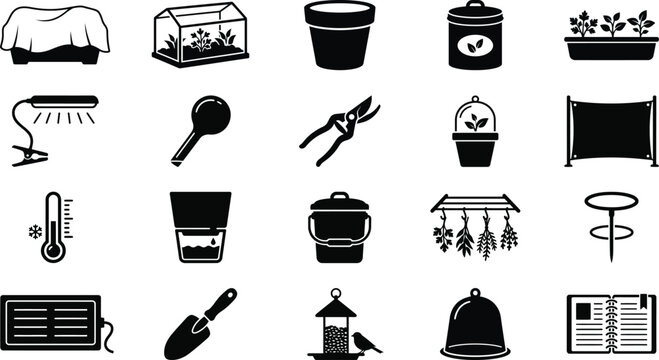 Gardening vector icon set featuring black silhouette symbols of planting tools and equipment for agriculture and botany
