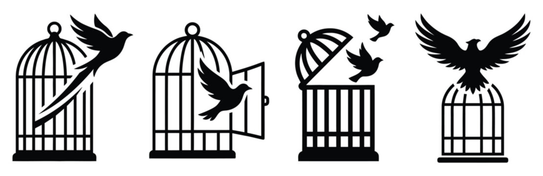 Four stages of freedom depicted with birds escaping ornate vintage cages