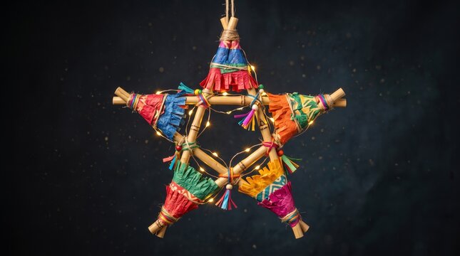 Colorful handmade bamboo parol star lantern with fairy lights hanging