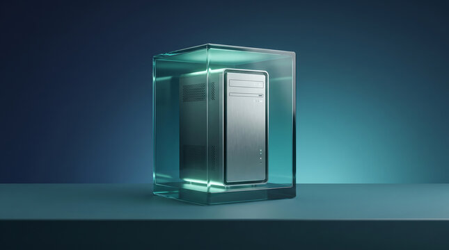 Server tower, computer hardware, and glass cube isolated on transparent background