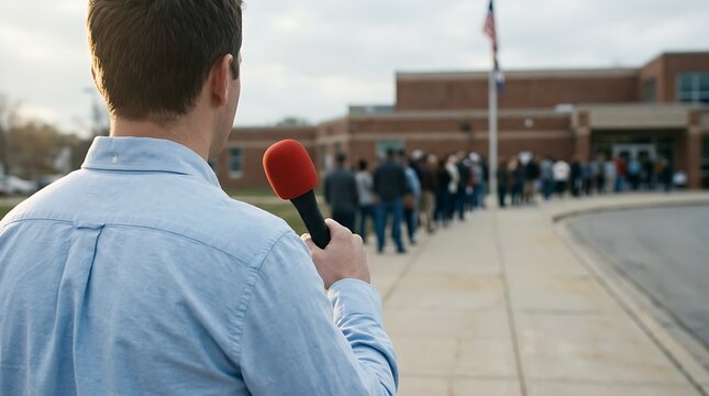 Professional news reporter with red microphone covering a public event, journalist reporting on a long line of people outside a building, media coverage of election or voting day