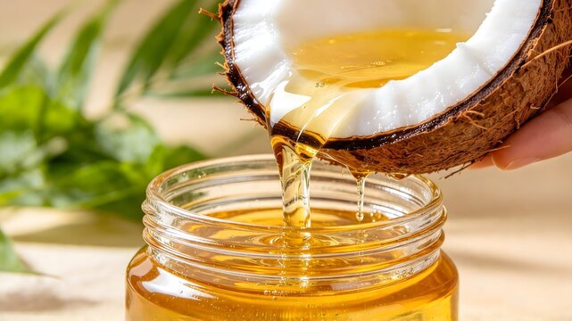 Pouring Fresh Pure Coconut Oil into Glass Jar