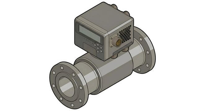 Industrial smart electromagnetic flow meter with flanged pipe section and digital display unit. Fluid measurement vector illustration