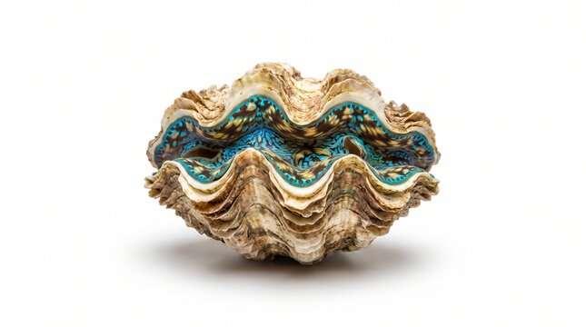 Seashell features textured white and turquoise wavy ridges displayed centrally against a plain white background.
