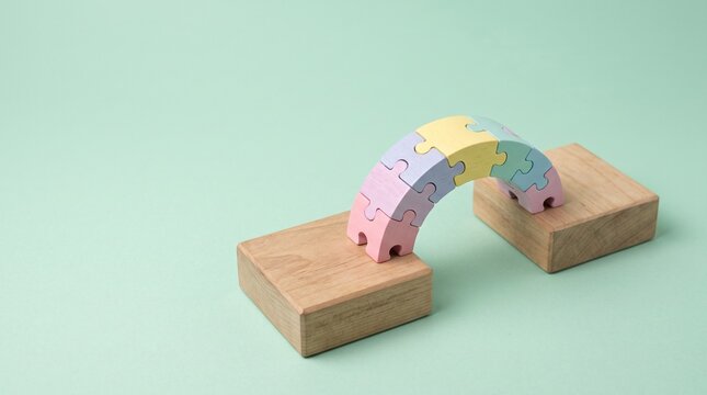 Colorful pastel jigsaw puzzle pieces forming an arch bridge connecting two wooden blocks on a mint green background for business partnership and teamwork solution concept