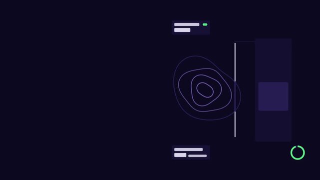 Seamless 4K looping technology animation: tomography slice scan passing through object volume. Flat vector interface with grid, rings, readout cards and blank text placeholders in blue and azure on a 