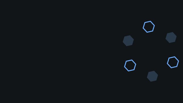 Seamless 4K looping abstract motion background: hexagon shapes motion orbiting ring, in blue and azure on a dark backdrop with generous copy space for your own title. Minimal flat vector shapes and sl