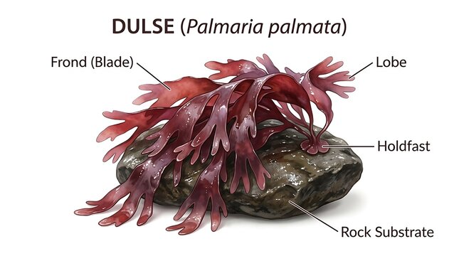 Dulse seaweed anatomy showing frond lobe holdfast and rock substrate