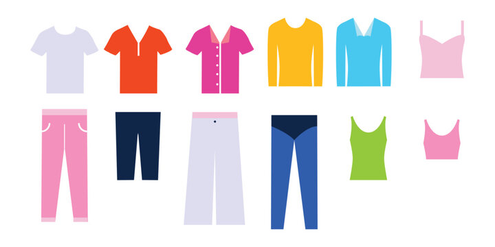 Clothing icon set. Includes trousers, dresses, shirts, underwear, and more. Vector design.