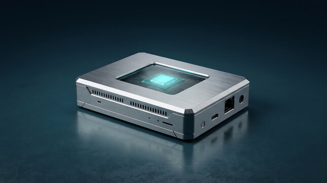 Edge computing module, metal server box, electronic chip, isolated on transparent background