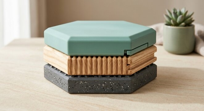 Hexagonal stacked objects made of green plastic wood and dark stone on a table