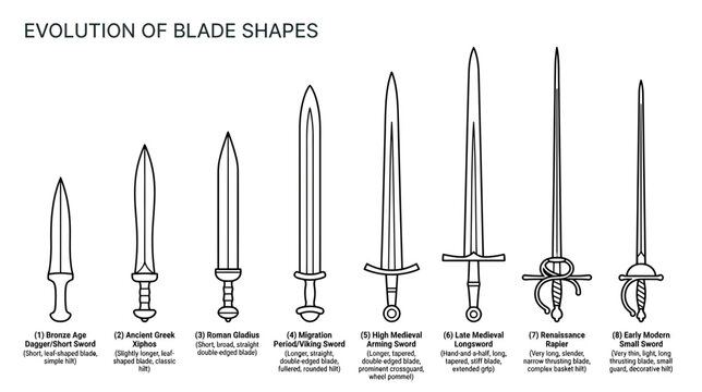 Evolution of historical sword shapes, isolated vector graphics