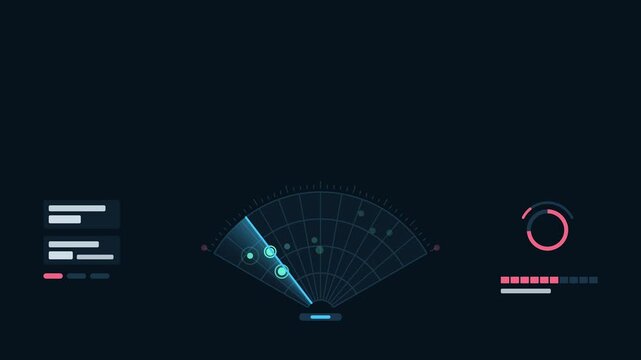 Animated sector scan sweeping wide fan with targets drawn as a clean sci fi interface in blue and azure on a dark background. Smooth 4K seamless loop with blank readout panels and room for text. Wides