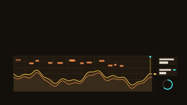 Animated depth sounder profile of seabed scrolling left drawn as a clean sci fi interface in yellow and gold on a dark background. Smooth 4K seamless loop with blank readout panels and room for text. 