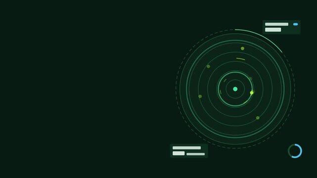 Animated sonar ping echo rings returning from targets drawn as a clean sci fi interface in green and emerald on a dark background. Smooth 4K seamless loop with blank readout panels and room for text. 