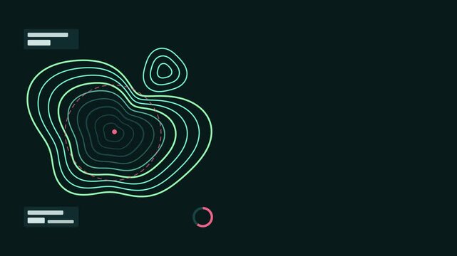 Seamless 4K looping technology animation: contour map scan revealing lines from center. Flat vector interface with grid, rings, readout cards and blank text placeholders in teal and cyan on a dark bac