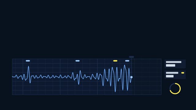 Seamless 4K looping technology animation: seismograph trace drawing waves on moving tape. Flat vector interface with grid, rings, readout cards and blank text placeholders in blue and azure on a dark 