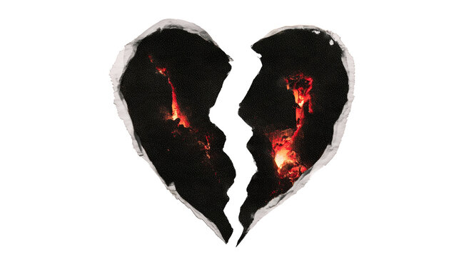 Broken heart shape torn paper with galaxy and lava texture isolated on transparent background