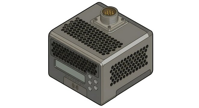 Industrial RFID reader and writer module with status LED indicator and M12 industrial connector. Asset tracking vector illustration