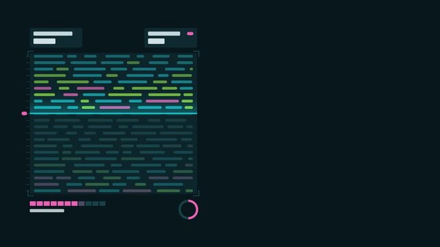 Seamless 4K looping technology animation: raster scan lines revealing rows top down. Flat vector interface with grid, rings, readout cards and blank text placeholders in teal and cyan on a dark backgr