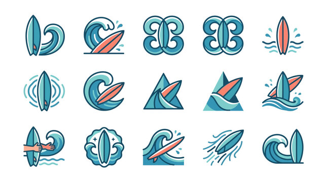 Set of surfing and ocean wave icons for summer sports.
