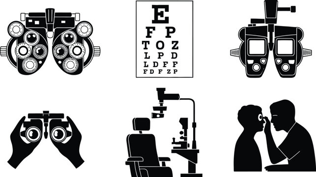Ophthalmology and optometry icon set featuring phoropter vision test chart eye doctor examination tools silhouette vector illustrations.