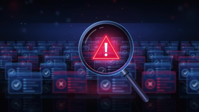 Cybersecurity warning concept with a magnifying glass detecting a red error alert among digital files