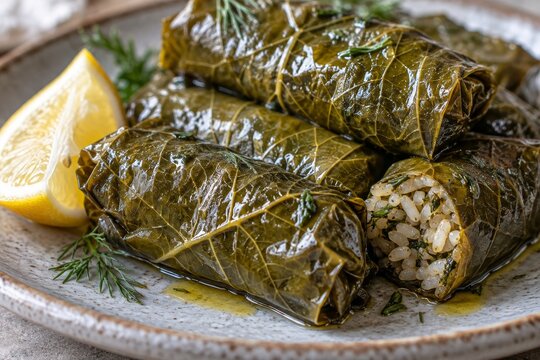Turkish stuffed grape leaves with rice and lemon on a plate. Traditional dolma dish in close-up. Mediterranean cuisine and home cooking. Savory appetizer for a shared meal.