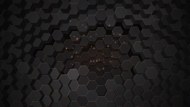 Dark geometric hexagon background with glowing orange highlights