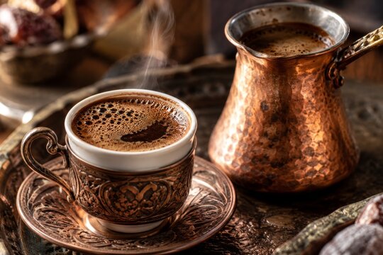 Turkish coffee in an ornate cup beside a steaming copper cezve. Traditional coffee brewing and serving. Turkish cuisine and hospitality. Caffeine, ritual and caf&eacute; culture.