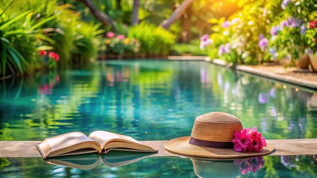 A sun hat sits beside a leather-bound book on the edge of a serene pool filled with crystal clear water surrounded by lush greenery and vibrant flowers , serenity, leisure
