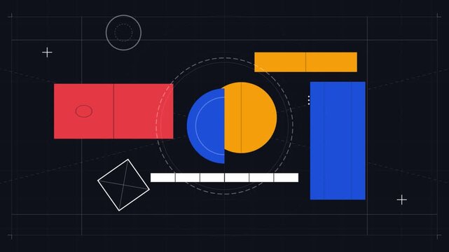 Abstract geometric shapes animating on dark grid background