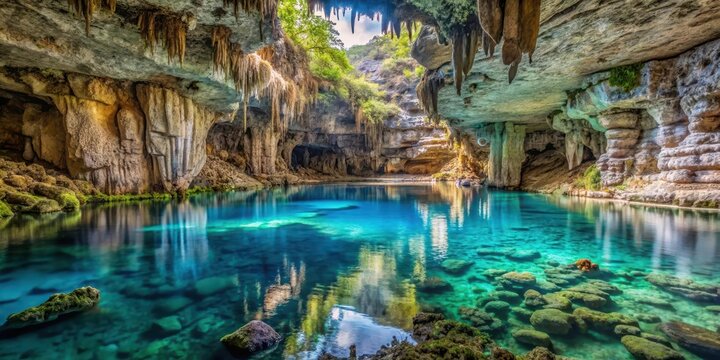 Cenote Interior with Crystal Clear Water and Natural Rock Formations