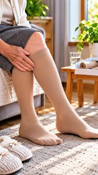 Older woman putting on compression socks in a cozy living room  