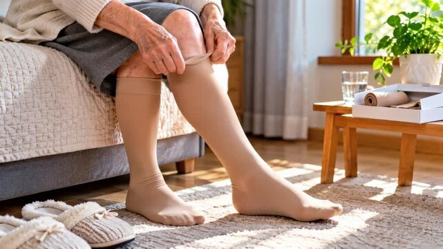 Older woman putting on compression stockings in a cozy living room  