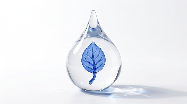 Clear glass raindrop sculpture with blue leaf inside, pure water droplet object, environmental ecology concept photo