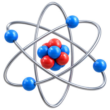 3D model of an atom with red and blue nucleus spheres and silver orbiting rings isolated on a transparent background