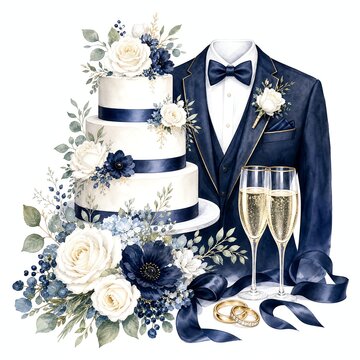 Watercolor White Tiered Wedding Cake with Navy Ribbon Bands