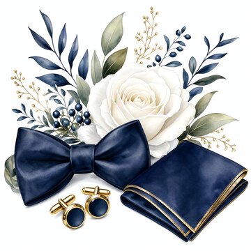 Watercolor Navy Silk Bow Tie with Gold Cufflinks and Rose